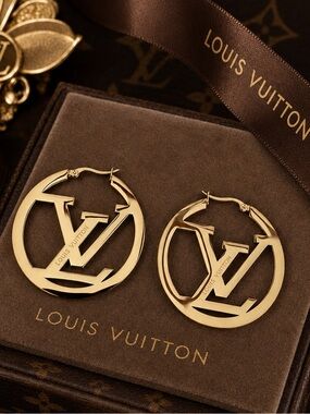 Louis Vuitton Gold Logo Hoop Earrings